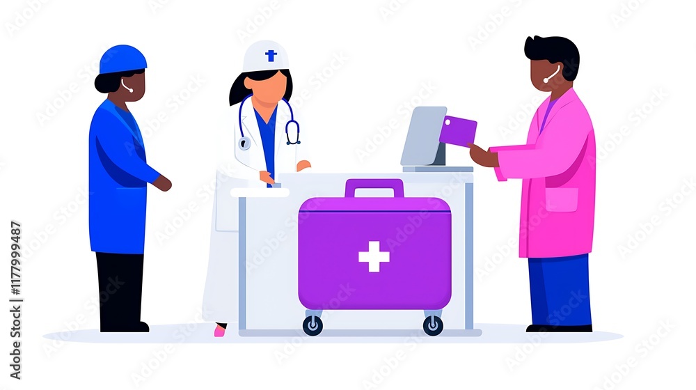 Diverse medical team at a clinic reception, one person checking in. Diverse medical team at a clinic reception, one person checking in.