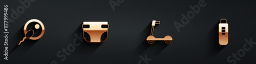 Set Sperm, Baby diaper, Roller scooter and Pregnancy test icon with long shadow. Vector