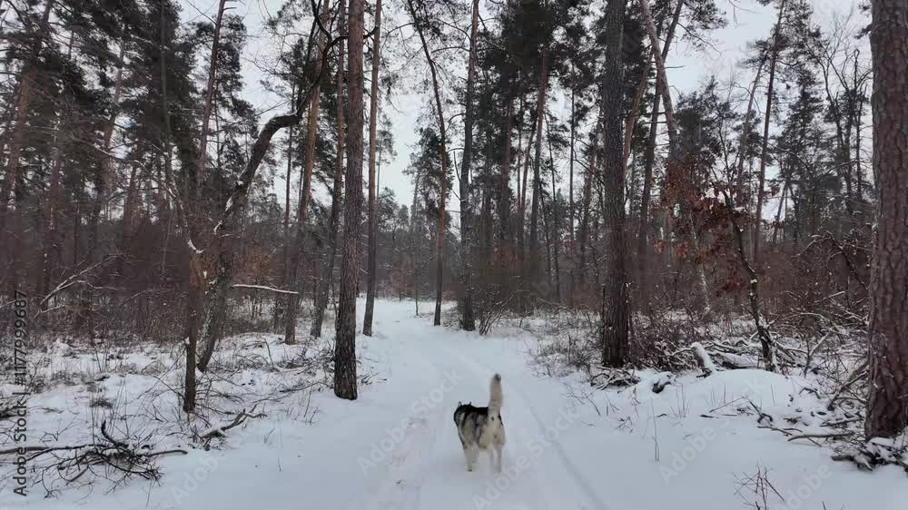 A dog walks through a beautiful winter forest covered in snow, exploring the peaceful trail surrounded by tall trees. A dog walks through a beautiful winter forest covered in snow, exploring the peaceful trail surrounded by tall trees.