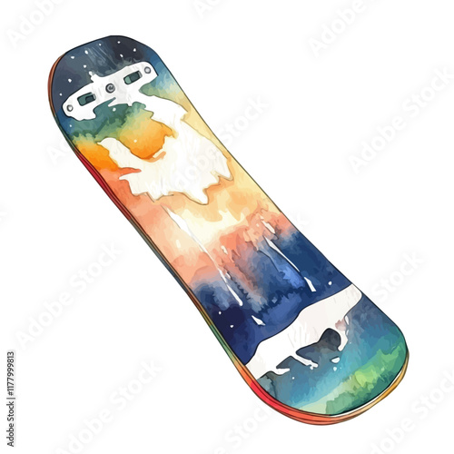 A watercolor illustration of a snowboard, isolated on a white background. Winter sports equipment vector.
