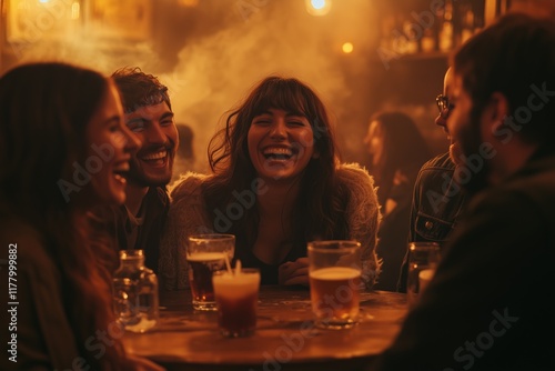 Friends enjoying laughter and drinks at a cozy bar during a fun evening photo