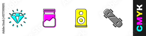 Set Diamond, Plastic bag of drug, Stereo speaker and Skateboard icon. Vector