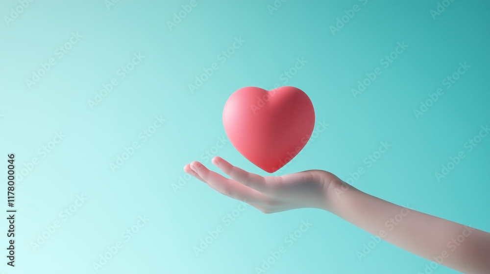 Floating red heart in hand against blue background Floating red heart in hand against blue background