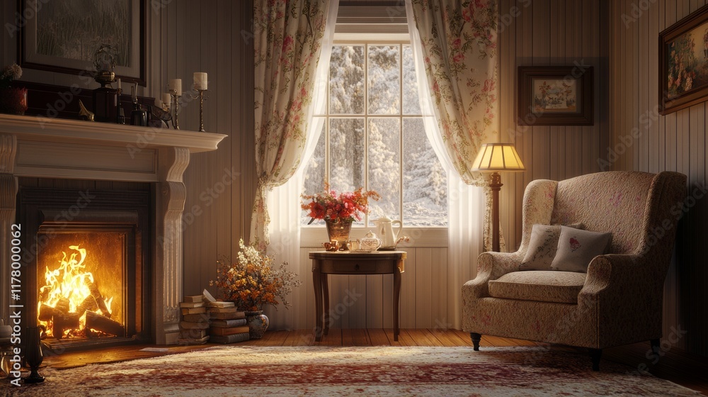 Fototapeta premium Cozy living room interior with flame in fireplace, armchair and lamp, carpet on floor and window with curtain, tea table and books in cabinet, flower in pot and candles. Cartoon vector home inside.