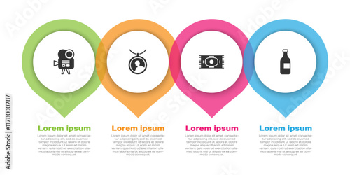 Set Retro cinema camera, Locket on necklace, Classic carpet and Bottle of wine. Business infographic template. Vector