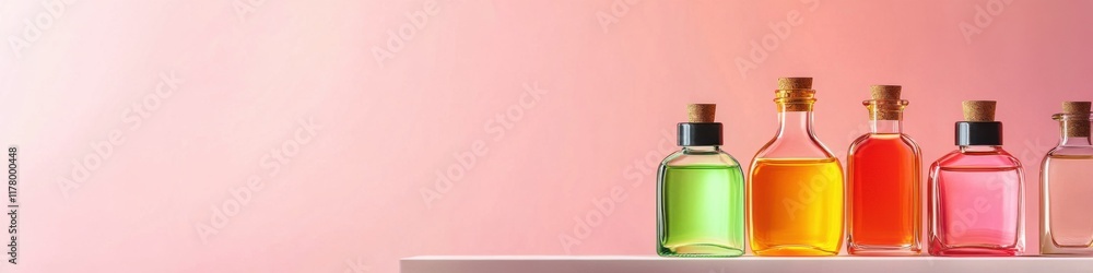 Skincare oils displayed in clear bottles against a pastel pink gradient background Skincare oils displayed in clear bottles against a pastel pink gradient background