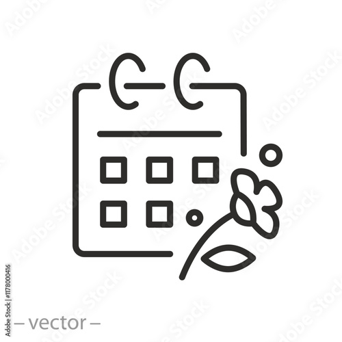 calendar with flower icon, spring season, thin line web symbol - vector illustration