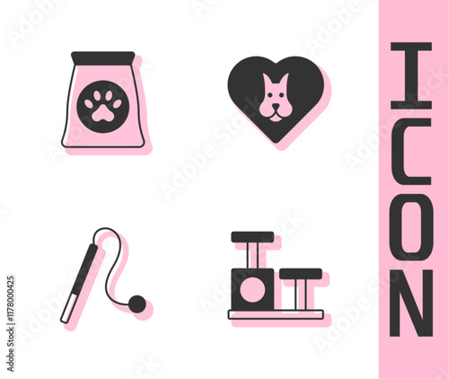 Set Cat scratching post with toy, Bag of food for pet, Pet cat and Heart dog icon. Vector