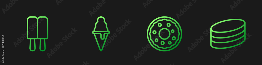 Set line Donut, Ice cream, in waffle cone and Brownie chocolate cake. Gradient color icons. Vector Set line Donut, Ice cream, in waffle cone and Brownie chocolate cake. Gradient color icons. Vector