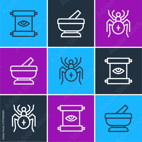 Set line Ancient magic scroll, Spider and Mortar and pestle icon. Vector