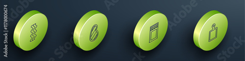 Set Isometric line Bacon stripe, Steak meat, Matchbox and matches and Cutting board icon. Vector