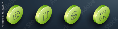 Set Isometric line Bicycle sprocket crank, lock, brake disc and Cycling shorts icon. Vector