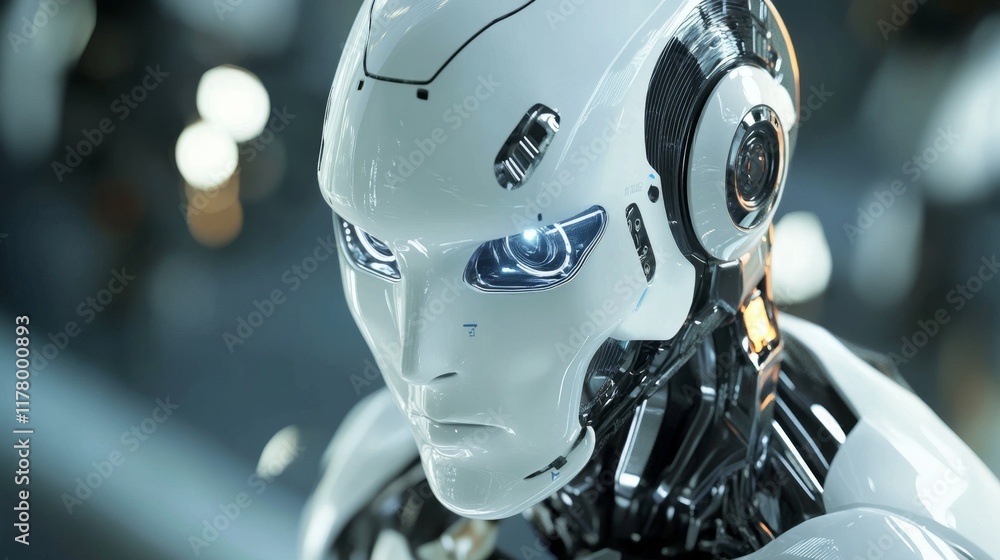 Close-up of humanoid robot face with illuminated features Close-up of humanoid robot face with illuminated features