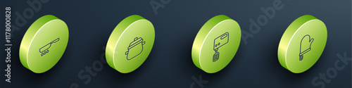 Set Isometric line Frying pan, Cooking pot, Electric mixer and Oven glove icon. Vector