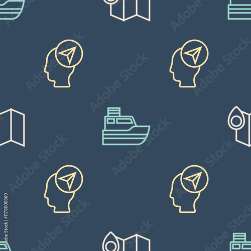 Set line Folded map with location marker, Location person and Ship line path on seamless pattern. Vector