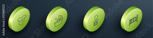 Set Isometric line Baby clothes, stroller, dummy pacifier and crib cradle bed icon. Vector