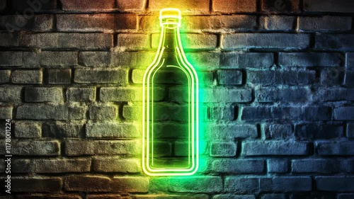 Neon bottle is lit up on a brick wall. The bottle is green and blue