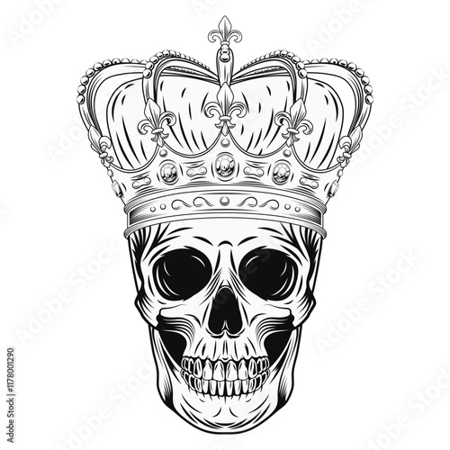 Human skull with imperial crown with gemstones, fleur de lis sign on points. Black and white detailed gothic illustration. Vintage style. Front view.