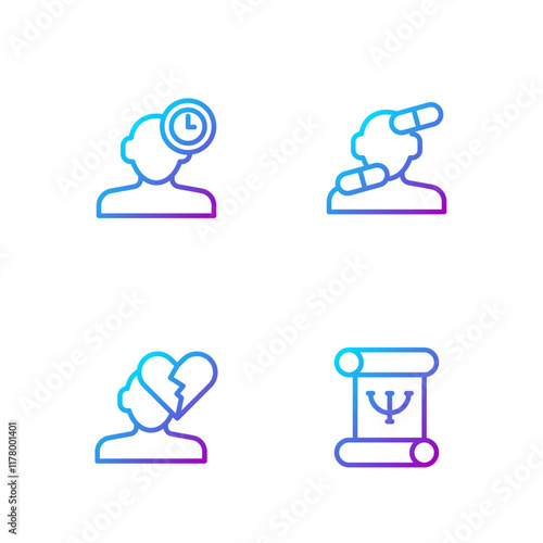 Set line Psychology book, Broken heart or divorce, Insomnia and Sedative pills. Gradient color icons. Vector
