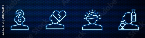 Set line Concussion, headache, Human with question mark, Broken heart or divorce and Alcoholism. Glowing neon icon on brick wall. Vector