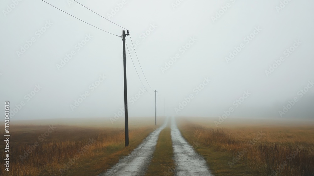 Foggy country road disappearing into dense fog, with power lines on either side. Foggy country road disappearing into dense fog, with power lines on either side.