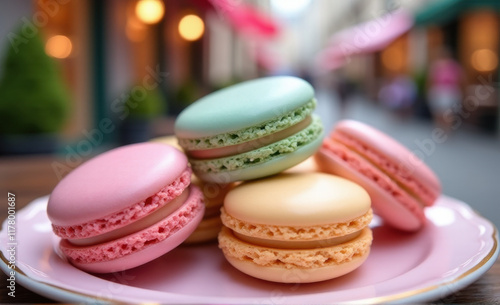colorful macaroons on bokeh street background