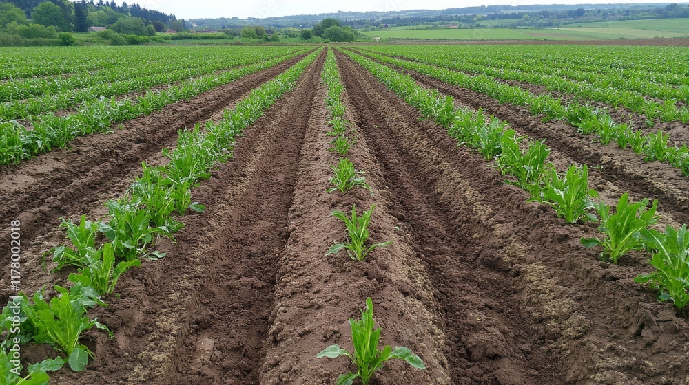 Top view of farm field with green grass and plowed soil. Vector cartoon background of countryside land, plantation with furrow on ground and rows of grow plants Top view of farm field with green grass and plowed soil. Vector cartoon background of countryside land, plantation with furrow on ground and rows of grow plants