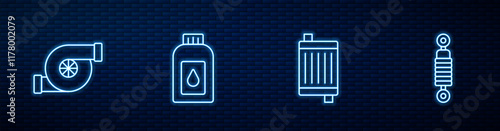 Set line Car radiator cooling system, Automotive turbocharger, Canister for motor machine oil and Shock absorber. Glowing neon icon on brick wall. Vector
