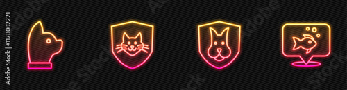 Set line Animal health insurance, Cat, and Fish. Glowing neon icon. Vector