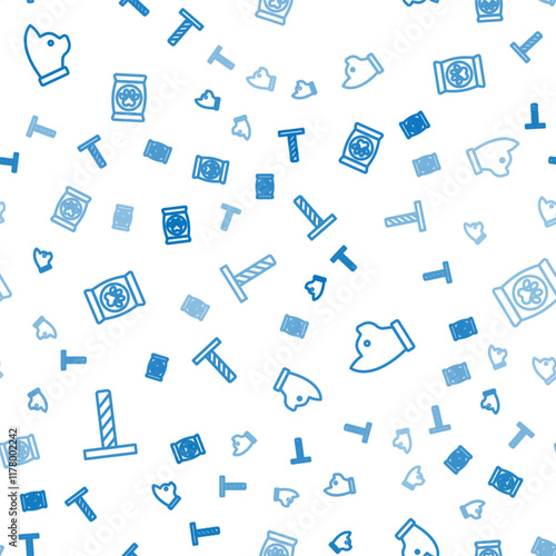 Set line Cat scratching post with toy, and Bag of food for pet on seamless pattern. Vector