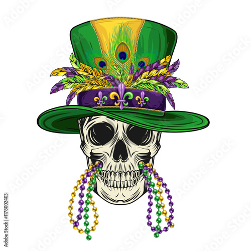 Human skull with green tall cylinder hat with bunch of colorful feathers and bundle of beads between jaws. Mardi Gras themed detailed illustration in vintage style
