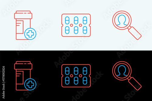 Set line Medical analysis, Medicine bottle and Pills blister pack icon. Vector