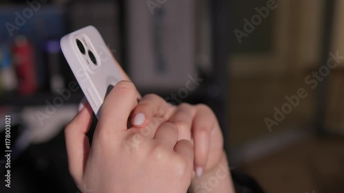 An Intimate Close Up of Hands Firmly Holding a Smartphone in a Soft Dim Light Environment