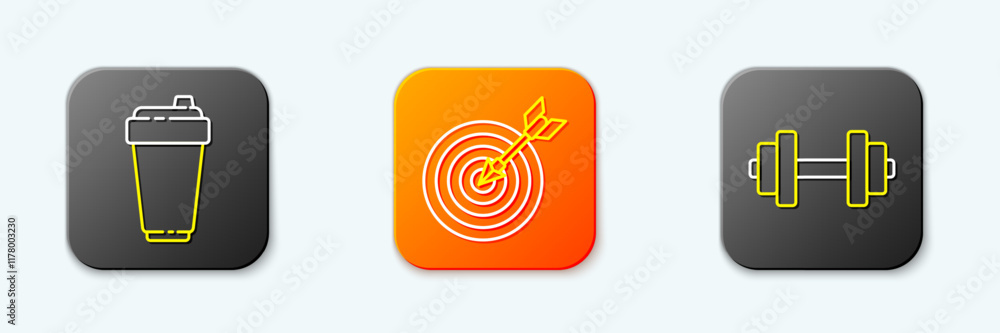 Set line Fitness shaker, Target with arrow and Dumbbell icon. Vector