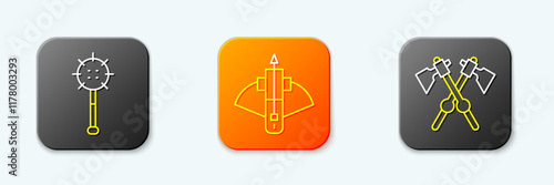 Set line Medieval chained mace ball, Battle crossbow with arrow and Crossed medieval axes icon. Vector