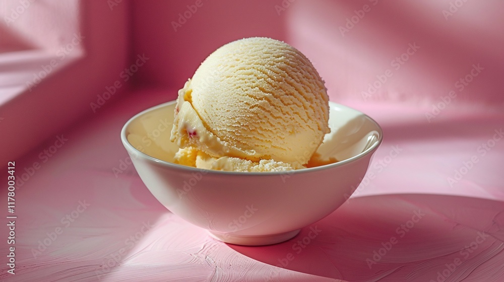 Single scoop of yellow vanilla ice cream in white bowl, close-up of frozen dessert on pink background, creamy summer treat in soft light, minimalist food photography concept
Single scoop of yellow vanilla ice cream in white bowl, close-up of frozen dessert on pink background, creamy summer treat in soft light, minimalist food photography concept