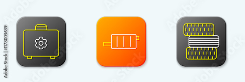 Set line Toolbox, Car muffler and tire wheel icon. Vector