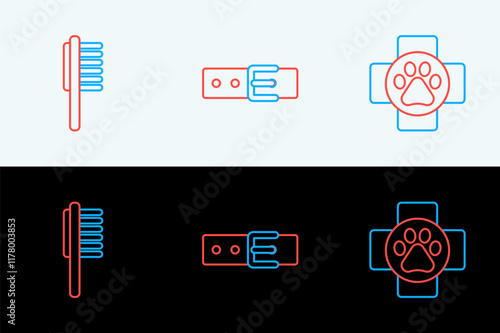 Set line Veterinary clinic, Pets vial medical and Collar with name tag icon. Vector