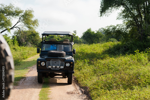 Old SUV vehicle passing muddy jungles in Sri Lanka  photo