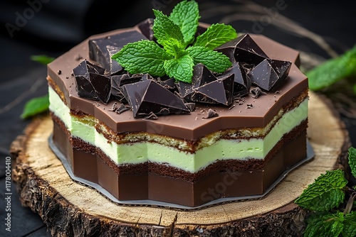 A hexagon-shaped birthday cake with alternating layers of mint and chocolate, topped with fresh mint leaves and dark chocolate shards, on a rustic wood slice. photo