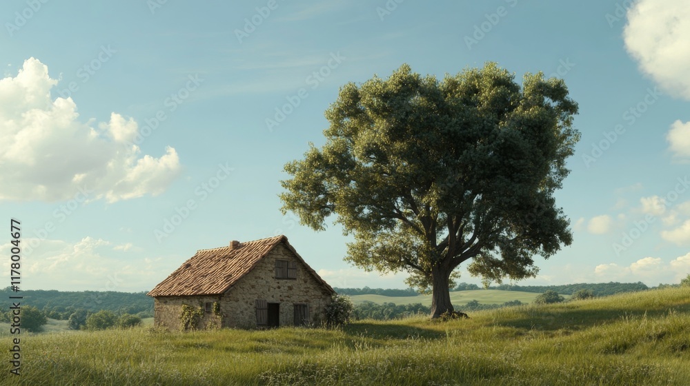 Fototapeta premium Rustic stone cottage nestled beside a large tree on a grassy hill under a bright sky.