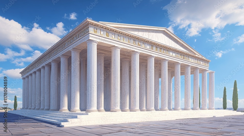 Obraz premium Ancient greek temple with pillars. Vector realistic antique building front with white marble arches and columns with capital in doric style. Background with roman palace entrance