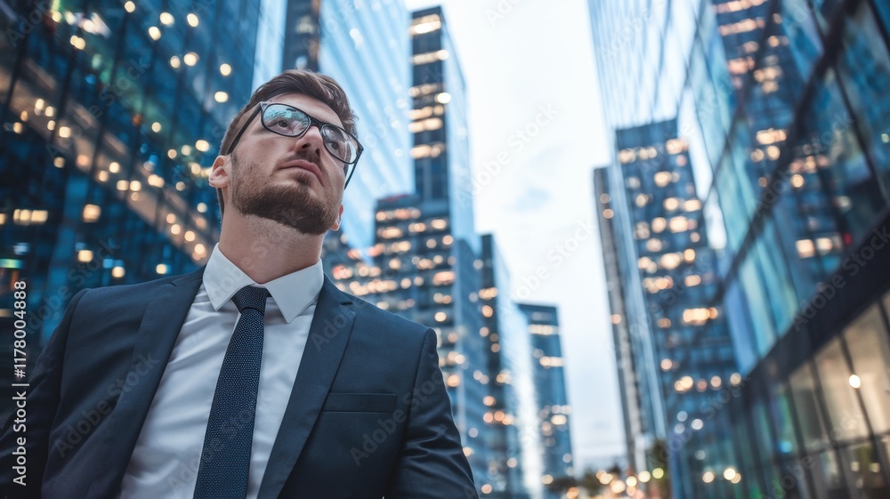 Confident businessman in a suit walking through a modern cityscape Confident businessman in a suit walking through a modern cityscape
