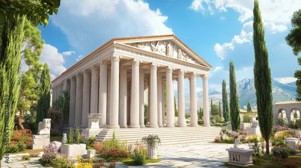 Obraz premium Ancient greek temple with pillars. Vector realistic antique building front with white marble arches and columns with capital in doric style. Background with roman palace entrance