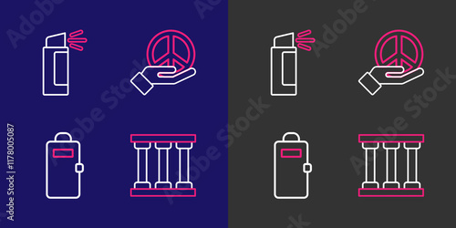 Set line Prison window, Police assault shield, Peace and Pepper spray icon. Vector