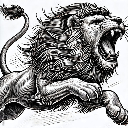 Lion jumping fiercely with an open mouth, drawn in a detailed engraving style sketch. Scratch board imitation. Black and white image. Generative AI. photo