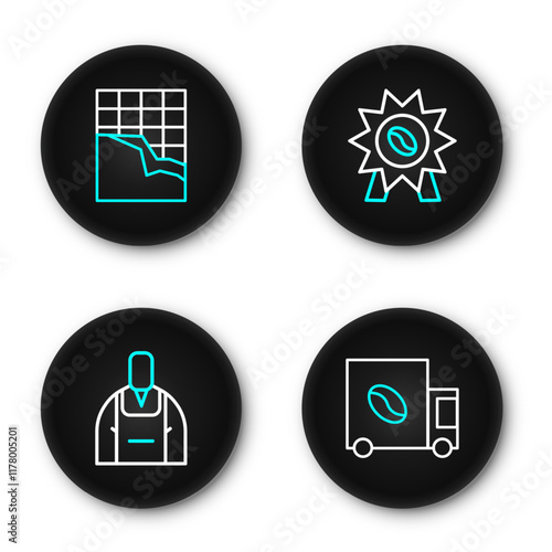 Set line Coffee street truck machine, Barista, Medal for coffee and Chocolate bar icon. Vector
