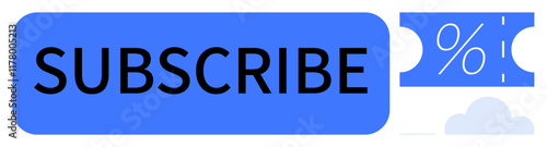 Subscribe button in blue with a coupon featuring a percentage symbol indicating discounts. Ideal for marketing, promotions, online subscriptions, newsletters, special offers, sales, customer