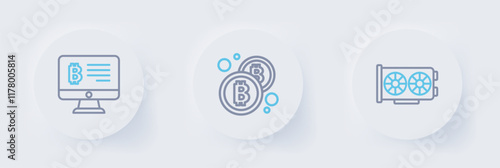 Set line Video graphic card, Bitcoin and Mining bitcoin from monitor icon. Vector