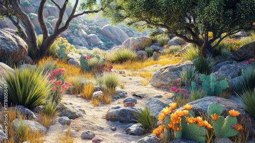 Desert landscape with rocks, tropical tree, grass and blooming cactuses. Vector cartoon illustration of hot sand desert in Africa with stones, dune and plants
